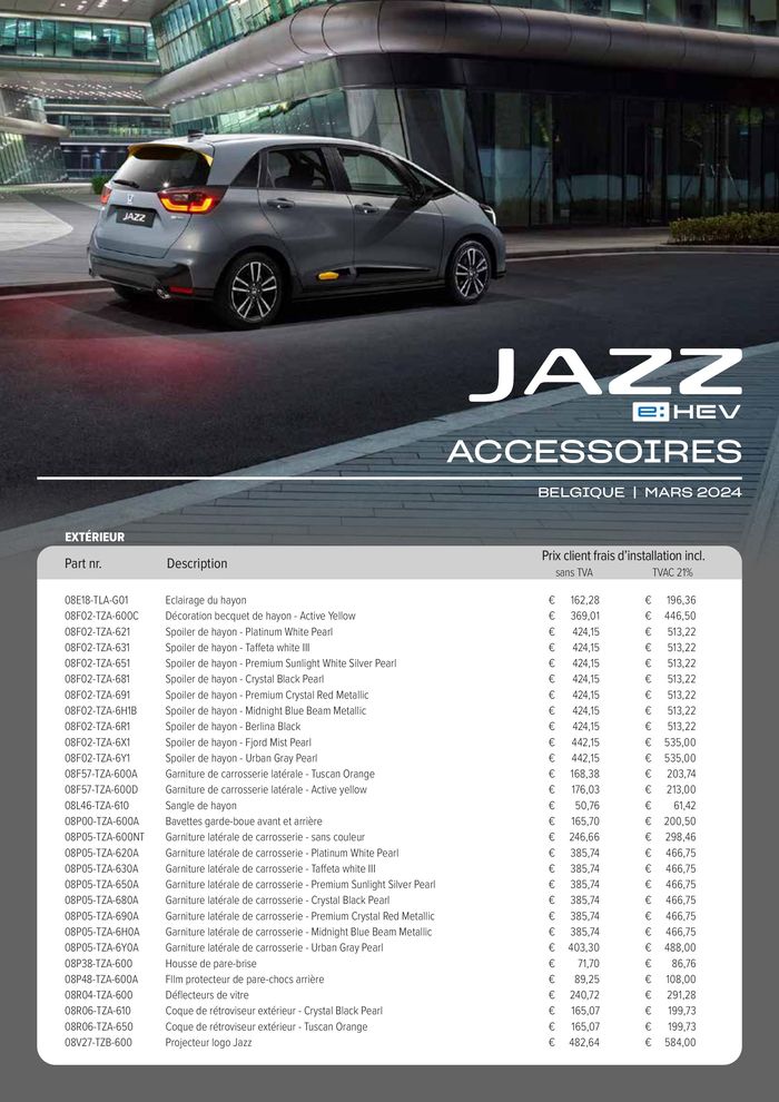 Catalogue Honda à Saint-Trond | Honda Jazz e:HEV — Liste de prix des accessoires | 16/4/2024 - 16/4/2025