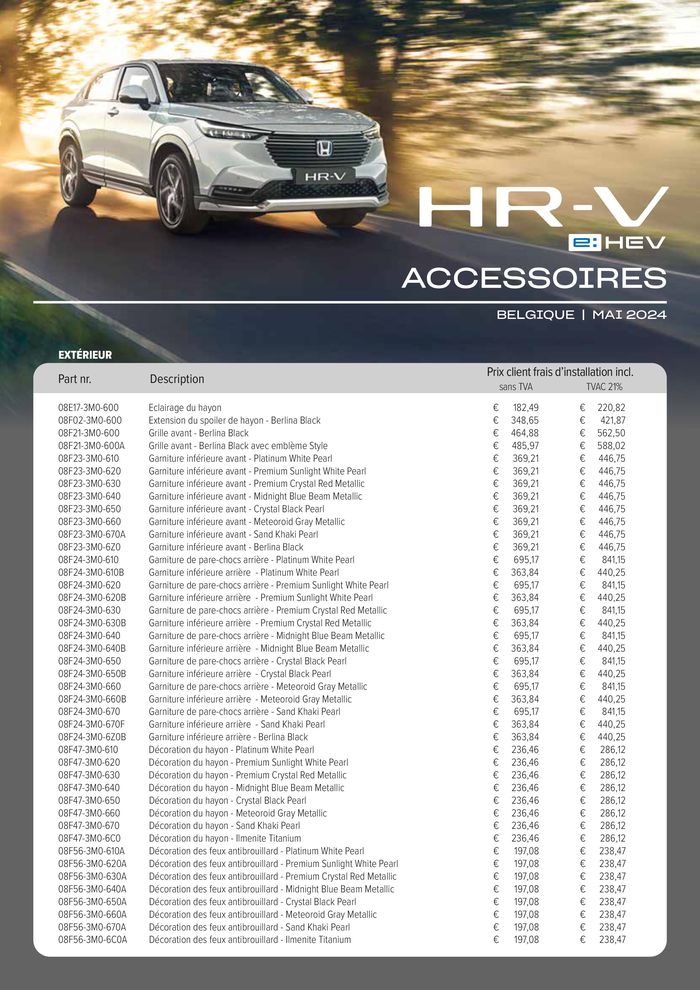 Catalogue Honda à Waarschoot | Honda HR-V e:HEV — Liste de prix des accessoires | 26/4/2024 - 26/4/2025