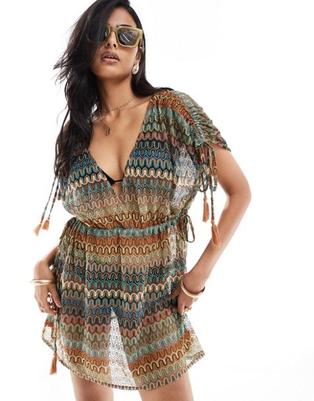 Accessorize crochet v neck mini beach dress in multi offre à 40€ sur ASOS