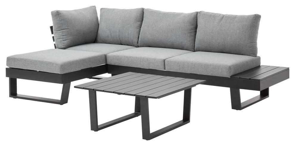 Alora loungehoek in zwart aluminium met grijs polyester kussens en loungetafel offre à 599,4€ sur Exterioo