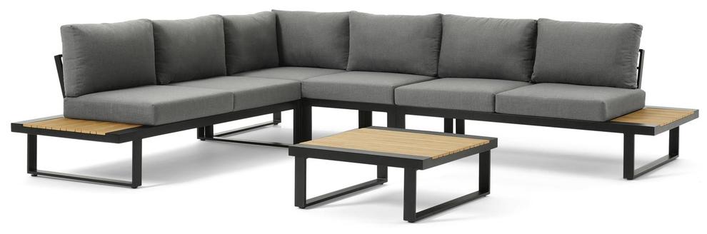 Serado loungehoek in zwart aluminium en polywood met grijs polyester kussens en loungetafel offre à 997€ sur Exterioo