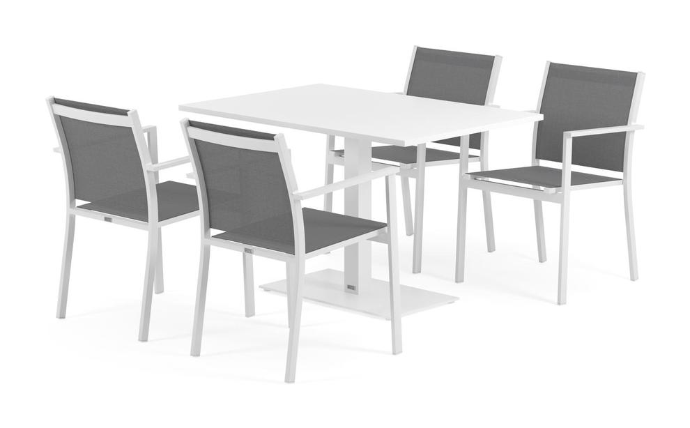 Callas tuinset met kantelbare tafel in wit aluminium en wit aluminium tafelblad met 4 stapelbare Bareto tuinstoelen offre à 357,8€ sur Exterioo