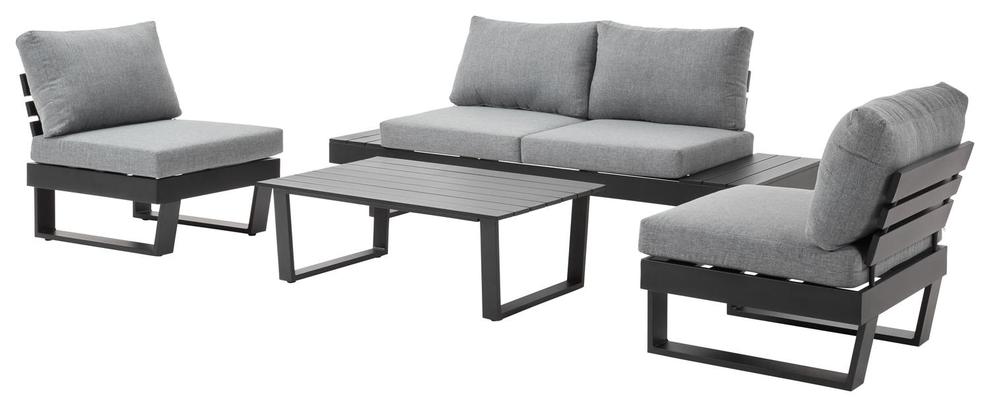 Alora loungeset in zwart aluminium met grijs polyester kussens en loungetafel offre à 531,6€ sur Exterioo