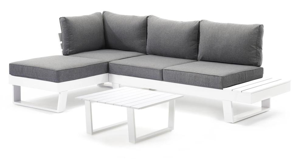 Alora loungehoek in wit aluminium met grijs polyester kussens en loungetafel offre à 399,6€ sur Exterioo