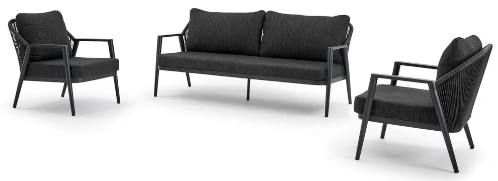 Vinaros loungeset in zwart aluminium en zwart gedraaide ronde wicker met sky black weather+ softtouch kussens offre à 1359,6€ sur Exterioo