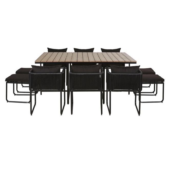 Ensemble table en composite imitation teck 6/10 personnes avec fauteuils et tabourets en résine noire de jardin offre à 1299€ sur Maisons du Monde
